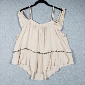 Winwin Apparel Beige Criss Cross Back Tank Top‎ Large Gauzy Eyelet Ruffle Boho